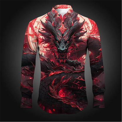 Camisa de hombre con estampado abstracto de dragón, estilo casual, manga larga, diseño elegante y cómodo. Ideal para uso diario.