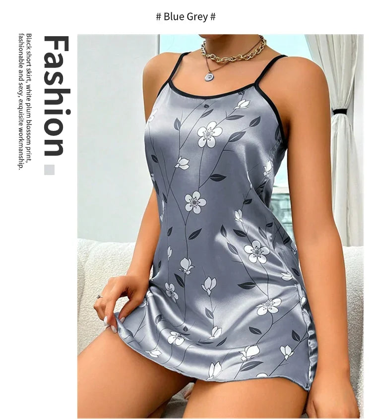 Camisón de satén con estampado floral para mujer, ropa de dormir informal sin mangas y sin espalda, sexy, para el hogar