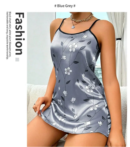 Camisón de satén con estampado floral para mujer, ropa de dormir informal sin mangas y sin espalda, sexy, para el hogar