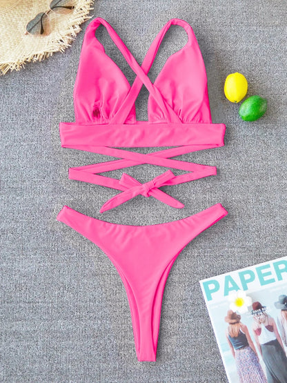 Bikini sexy 2025, traje de baño liso para mujer, traje de baño para mujer, conjunto de bikini push up con vendaje cruzado, traje de baño para playa, traje de baño