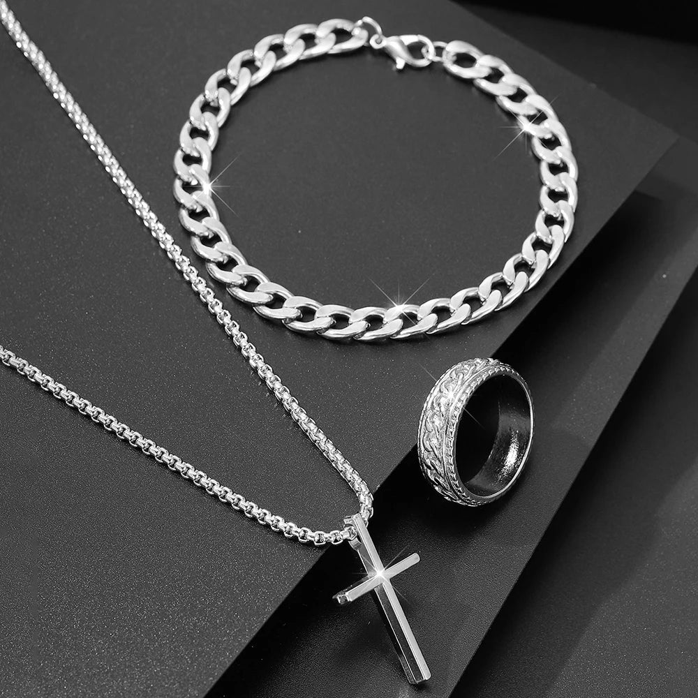 Conjunto de 3 piezas de joyería de aleación de moda para hombre: collar, pulsera y anillo con colgante de cruz.