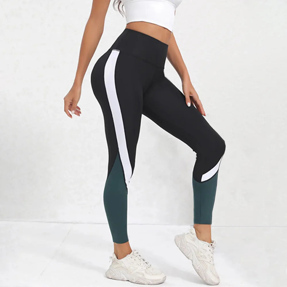 Leggings de yoga de cintura alta con bloques de color para mujer, leggings de entrenamiento con control de abdomen para mujer