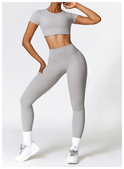 2PCS Seamless Yoga Set Women Workout Set Sportswear Gym Clothing Fitness Long Sleeve Crop Top High Waist Leggings Sports Suits