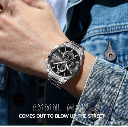 CURREN - Reloj cronógrafo de acero inoxidable para hombre con manecillas luminosas, tres subesferas, fecha automática, diseño moderno, de cuarzo