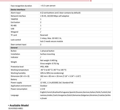 Estación de puerta IP Hikvision DS-KV9503-WBE1 con reconocimiento facial, Wi-Fi y alimentación PoE; Monitor inalámbrico para interiores DS-KH6350-WTE1.