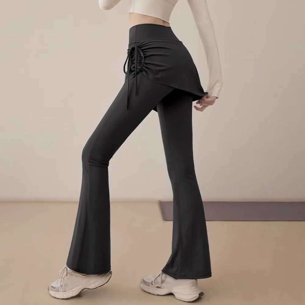 Leggings deportivas 2 en 1 con diseño de falda, dobladillo acampanado, cintura alta y cordón ajustable para yoga, actividades al aire libre y fitness.