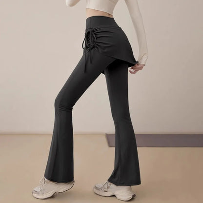 Leggings deportivas 2 en 1 con diseño de falda, dobladillo acampanado, cintura alta y cordón ajustable para yoga, actividades al aire libre y fitness.