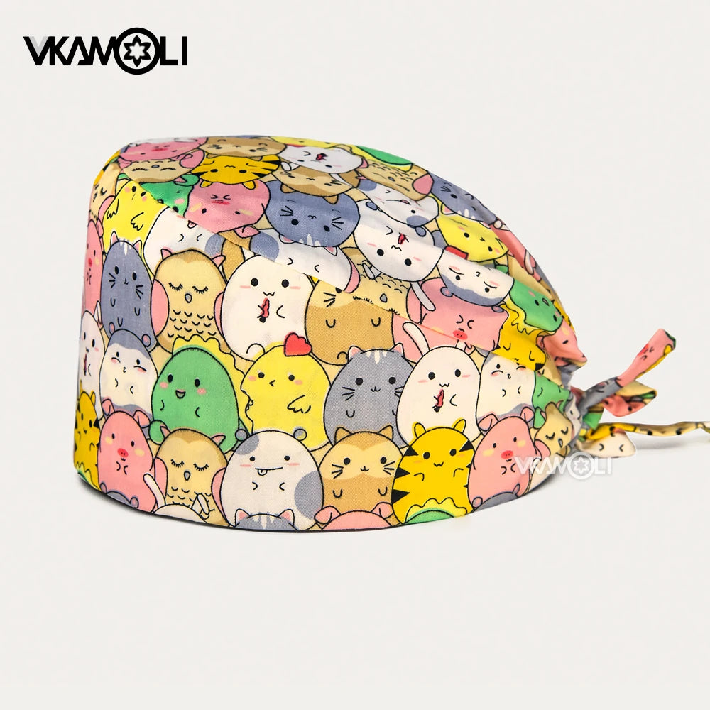 Gorro quirúrgico de algodón con estampado de dibujos animados multicolor para peluquería de mascotas, ajustable, para salón de belleza, enfermería, médico y enfermera.