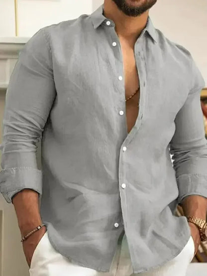 Camisa de hombre de color liso, de algodón y lino, estilo juvenil informal