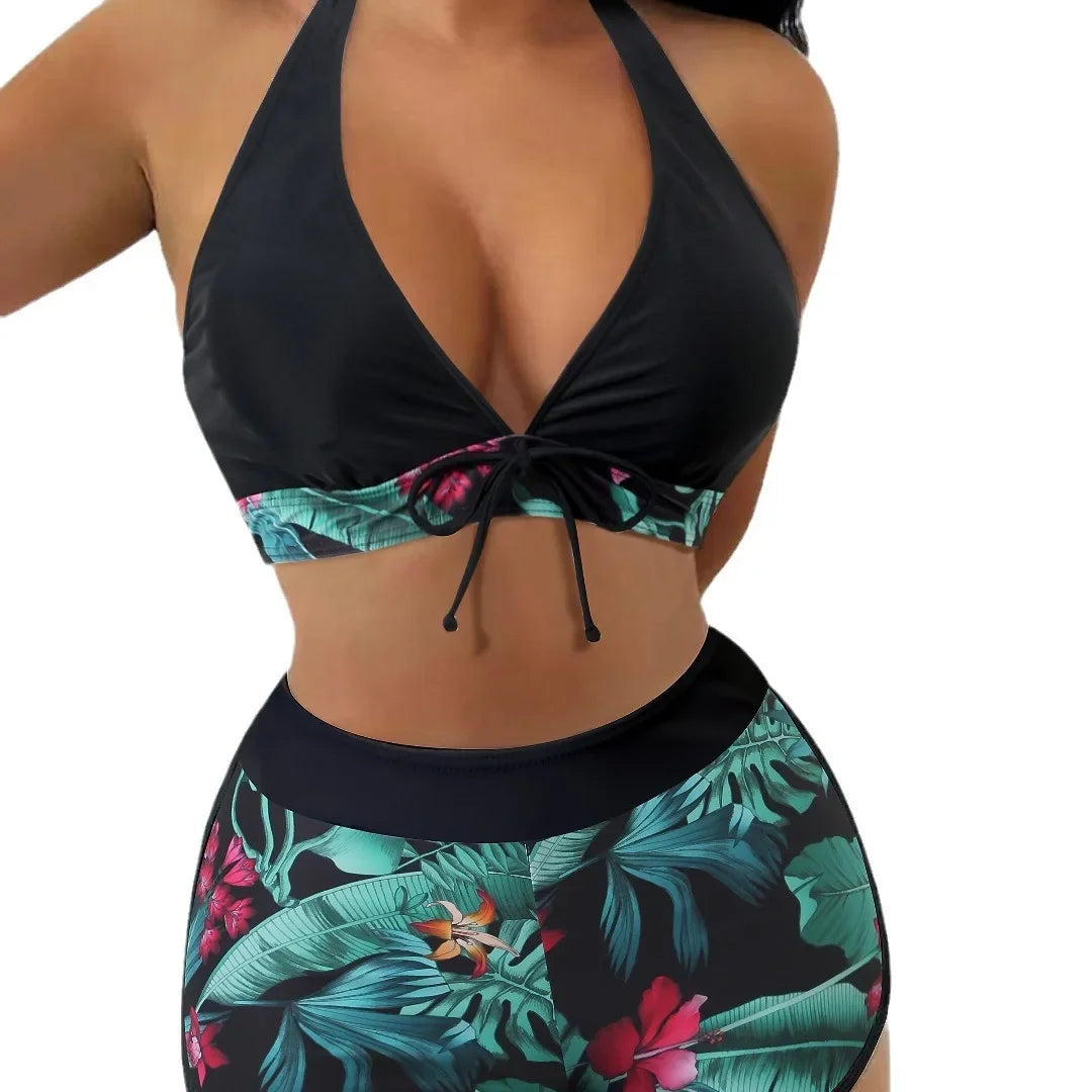 Conjunto de bikini con cuello halter y estampado sexy, traje de baño de cintura alta para mujer, recién llegado, gran oferta de la temporada, diseño dividido moderno