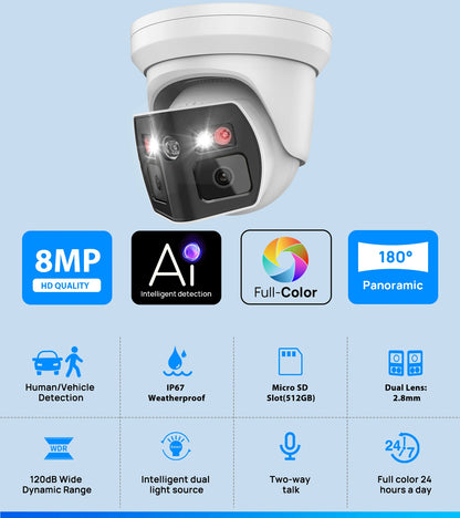 Cámara IP panorámica VIKYLIN compatible con Hikvision, 8 MP, 2 lentes, audio bidireccional, alarma MD2.0, videovigilancia exterior.