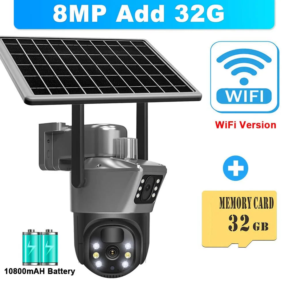 Cámara solar WiFi 4K de 8MP para exteriores, cámara de vigilancia CCTV inalámbrica con panel solar, doble lente, cámara IP PTZ y protección de seguridad.