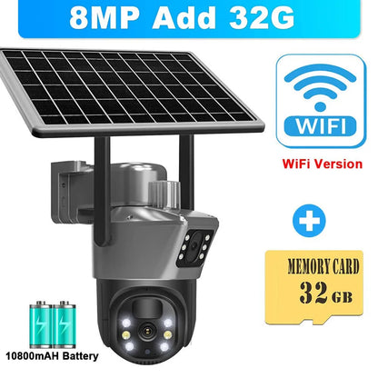 Cámara solar WiFi 4K de 8MP para exteriores, cámara de vigilancia CCTV inalámbrica con panel solar, doble lente, cámara IP PTZ y protección de seguridad.