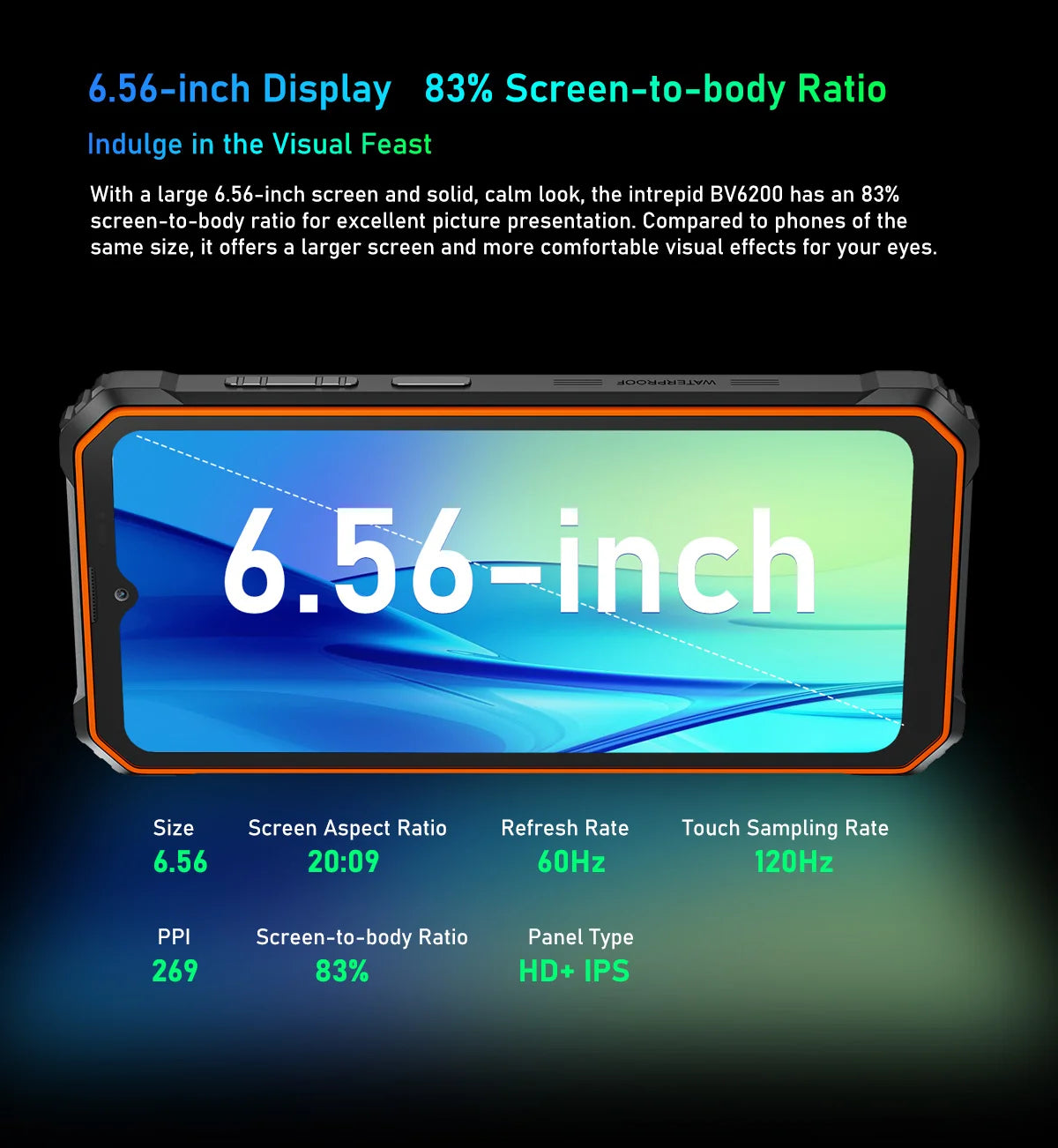 Teléfono resistente Blackview BV6200 con pantalla IPS HD+ de 6,56 pulgadas, batería de 13000 mAh, 8 GB (4+4) de RAM, 64 GB de almacenamiento, cámara de 13 MP, GPS, Android 13 y certificación IP68/IP69K.