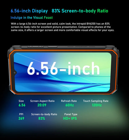 Teléfono resistente Blackview BV6200 con pantalla IPS HD+ de 6,56 pulgadas, batería de 13000 mAh, 8 GB (4+4) de RAM, 64 GB de almacenamiento, cámara de 13 MP, GPS, Android 13 y certificación IP68/IP69K.