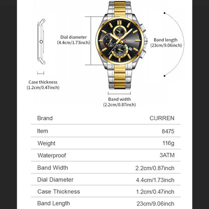 CURREN - Reloj cronógrafo de acero inoxidable para hombre con manecillas luminosas, tres subesferas, fecha automática, diseño moderno, de cuarzo