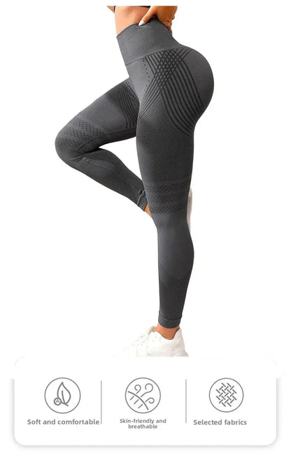 Pantalones de yoga de punto de cintura alta para mujer, pantalones largos de fitness, tejido integrado, banda elástica, pantalones deportivos, populares, efecto melocotón en los glúteos.