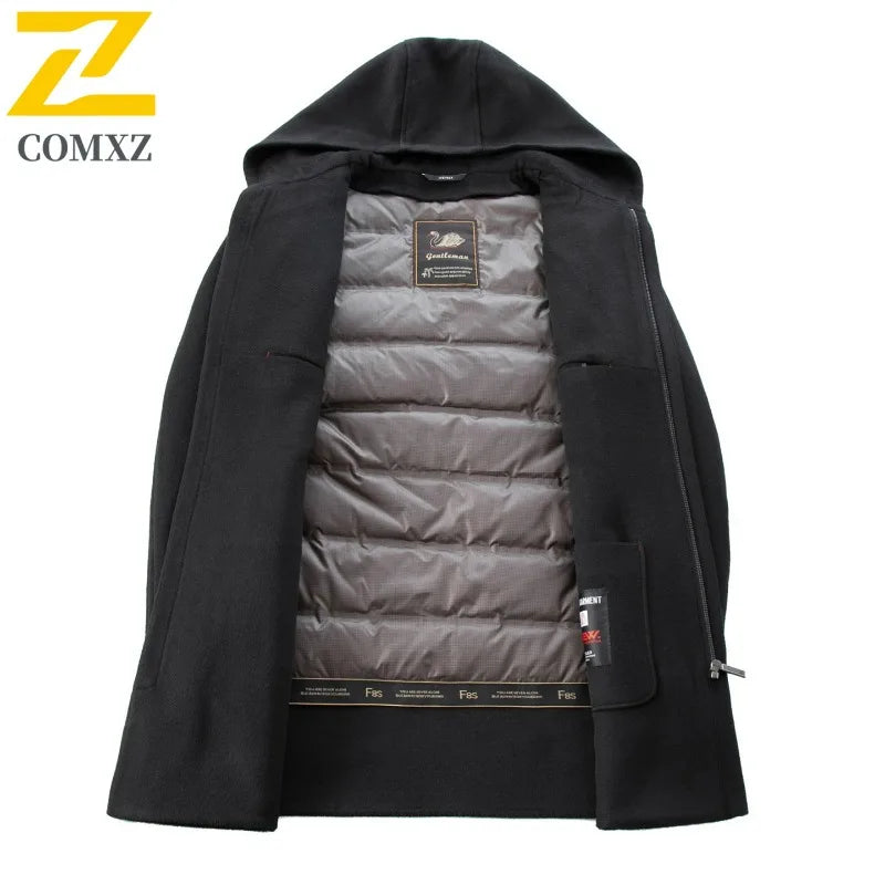Abrigo largo de lana para hombre COMXZ, colección invierno 2025, gabardina de cachemir de diseño, chaqueta con capucha y forro de plumón de pato blanco, abrigo de lana de lujo
