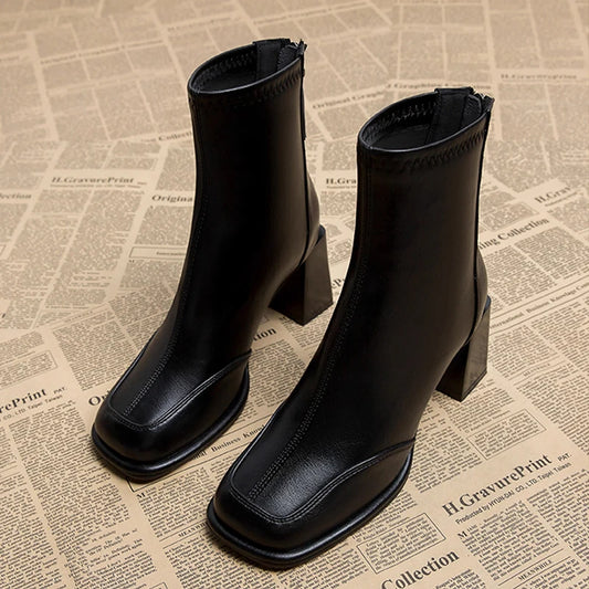 British Vintage Square Toe Ankle Boots Women 2025 Autumn Winter Thick High Heel Black Pu Boots Woman Cowboy Short Booties Shoes