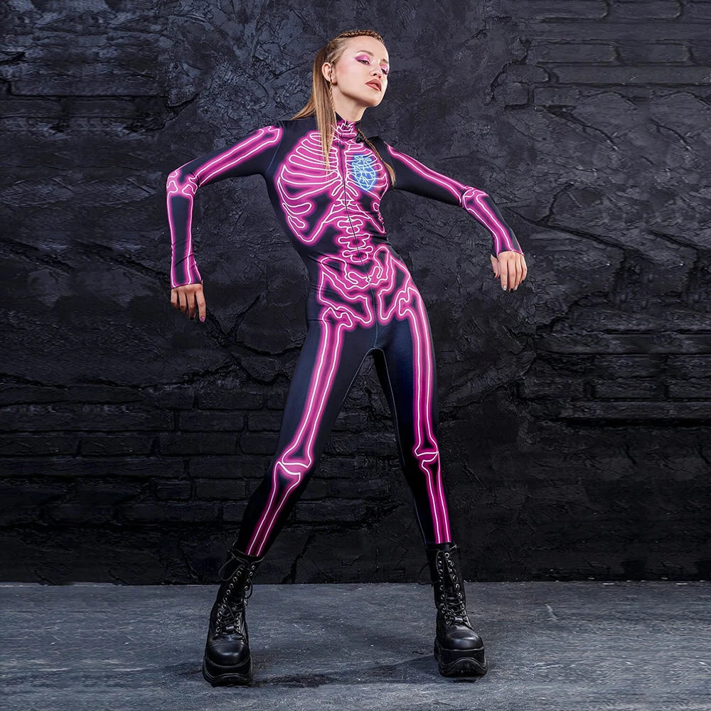[You're My Secret] Halloween Cosplay Costume for Women Adults Skeleton 3D Printed Cyberpunk Zipper Bodysuit Party Fancy Dresses