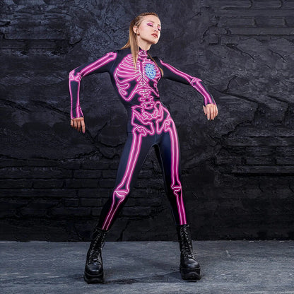 [You're My Secret] Halloween Cosplay Costume for Women Adults Skeleton 3D Printed Cyberpunk Zipper Bodysuit Party Fancy Dresses