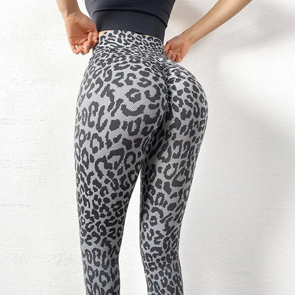 Pantalones deportivos de cintura alta con estampado de leopardo, color melocotón, para realzar la cadera, tipo mallas, para correr, hacer yoga, etc., de Europa y Estados Unidos.