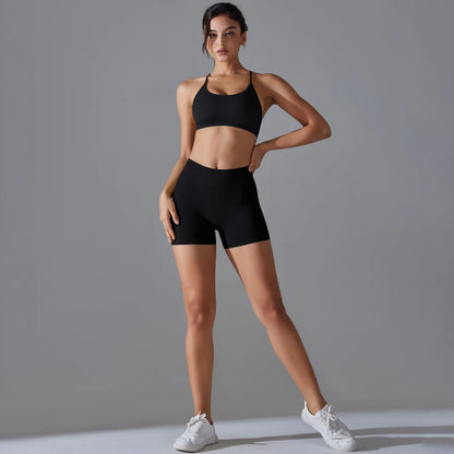 Conjunto deportivo de yoga, mallas de gimnasio de secado rápido, tirantes cruzados con absorción de impactos, pantalones cortos de ciclismo para mujer, entrenamiento de yoga.