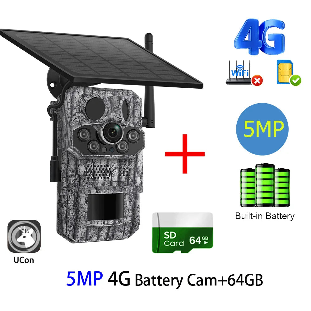 Cámara INQMEGA4G 2K 5MP con sensor de movimiento PIR, temporizador de disparo, visión nocturna, IP66, ideal para caza, senderismo, fauna silvestre, con batería y carga solar.