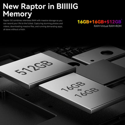 Smartphone resistente IIIF150 Raptor 5G con Android 14, pantalla AMOLED de 6,78" y 120 Hz, 16 GB de RAM + 512 GB de almacenamiento, cámara de 50 MP, batería de 10000 mAh y 65 W.