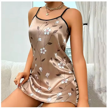 Camisón de satén con estampado floral para mujer, ropa de dormir informal sin mangas y sin espalda, sexy, para el hogar