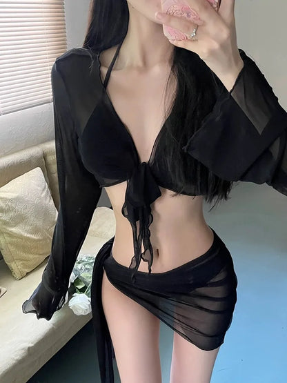 Women's Red Bali Four-Piece Bikini Set Slimming Cover-Up Swimwear Solid Flattering Two-Piece Vacation Beachwear Swimsuit