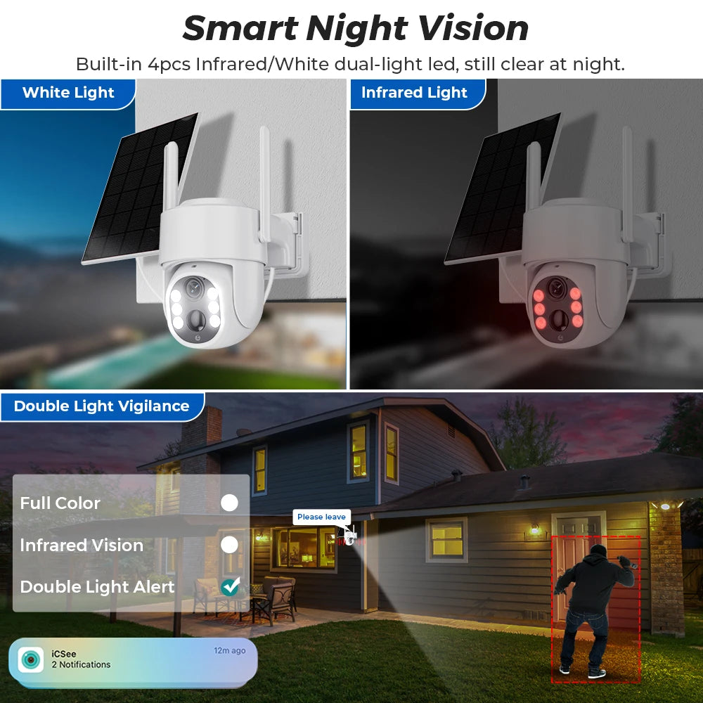 Cámara de vigilancia WiFi exterior inalámbrica HD de 5 MP con panel solar, batería integrada de 7800 mAh y 365 días de autonomía en espera.