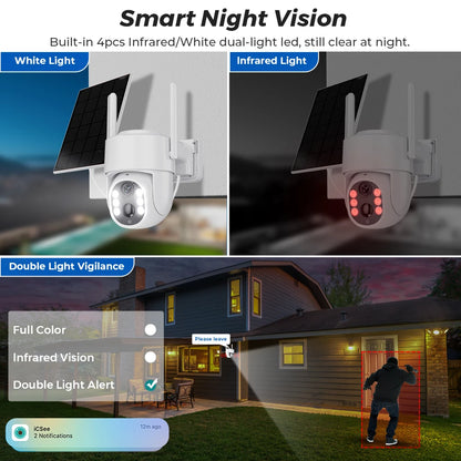 Cámara de vigilancia WiFi exterior inalámbrica HD de 5 MP con panel solar, batería integrada de 7800 mAh y 365 días de autonomía en espera.