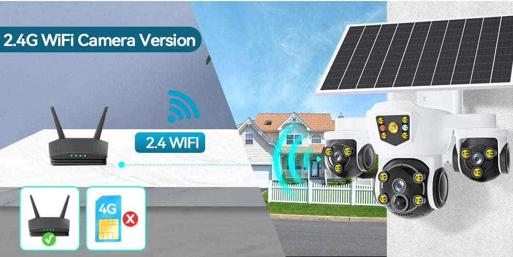 Cámara solar inalámbrica WiFi DIFANG V380 Pro para exteriores con tres pantallas, tarjeta SIM 4G y batería. Sistema de videovigilancia solar con tres lentes y batería.