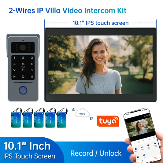 Videoportero Tuya de 10" con pantalla LCD, 2 hilos, visión nocturna, wifi inteligente, contraseña, detección de movimiento y desbloqueo RFID para Villa D41A