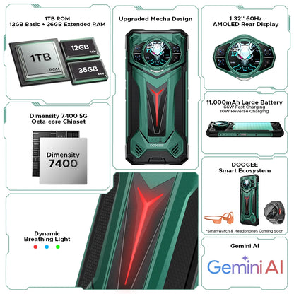 Teléfono resistente DOOGEE S200 Ultra 5G con IA, 48 GB + 1 TB, pantalla trasera de 1,34" con efecto de luz, procesador Dimensity 7400, batería de 11000 mAh, carga rápida de 66 W, NFC, WiFi 6E.