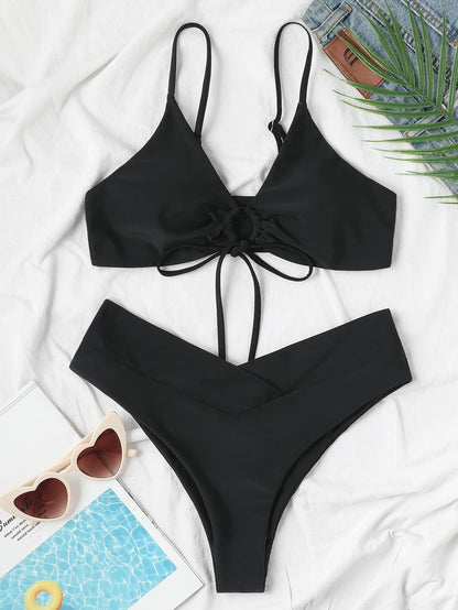 Nuevo conjunto de bikini de alta elasticidad para verano de 2025, dos piezas, color sólido, con cordones, traje de baño sexy para mujer, traje de baño de playa.