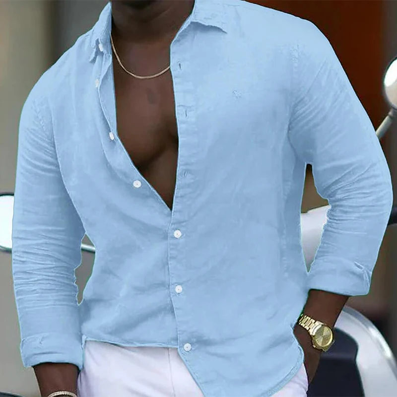 Camisa de hombre de moda de color sólido de algodón y lino, suelta, abotonada, cuello vuelto, manga larga, estilo playero, ropa para hombre, cárdigan