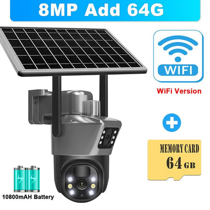 Cámara solar WiFi 4K de 8MP para exteriores, cámara de vigilancia CCTV inalámbrica con panel solar, doble lente, cámara IP PTZ y protección de seguridad.