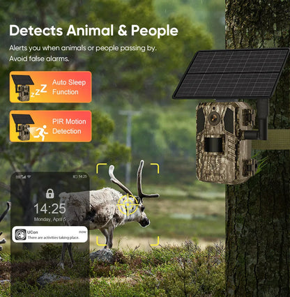 1/2 cámara de rastreo celular UCon 4G 2K con energía solar, activación por movimiento (0,2 s), visión nocturna.