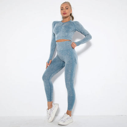 Conjunto de gimnasio con top corto sin costuras para mujer, conjunto de entrenamiento de yoga, ropa deportiva, leggings push up, chándal