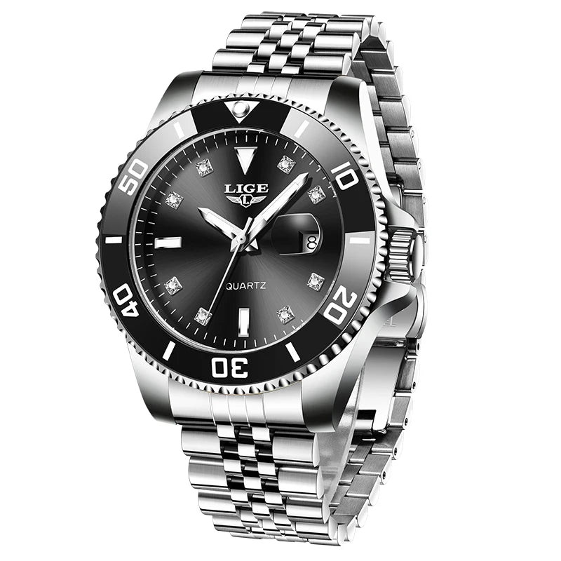 Reloj de lujo LIGE para hombre, reloj de cuarzo con esfera engastada de diamantes, resistente al agua, calendario, mariposa, doble cierre, acero inoxidable.