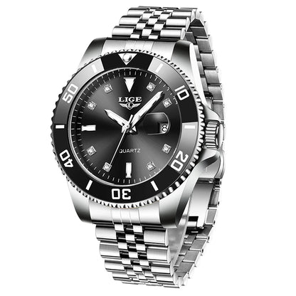 Reloj de lujo LIGE para hombre, reloj de cuarzo con esfera engastada de diamantes, resistente al agua, calendario, mariposa, doble cierre, acero inoxidable.