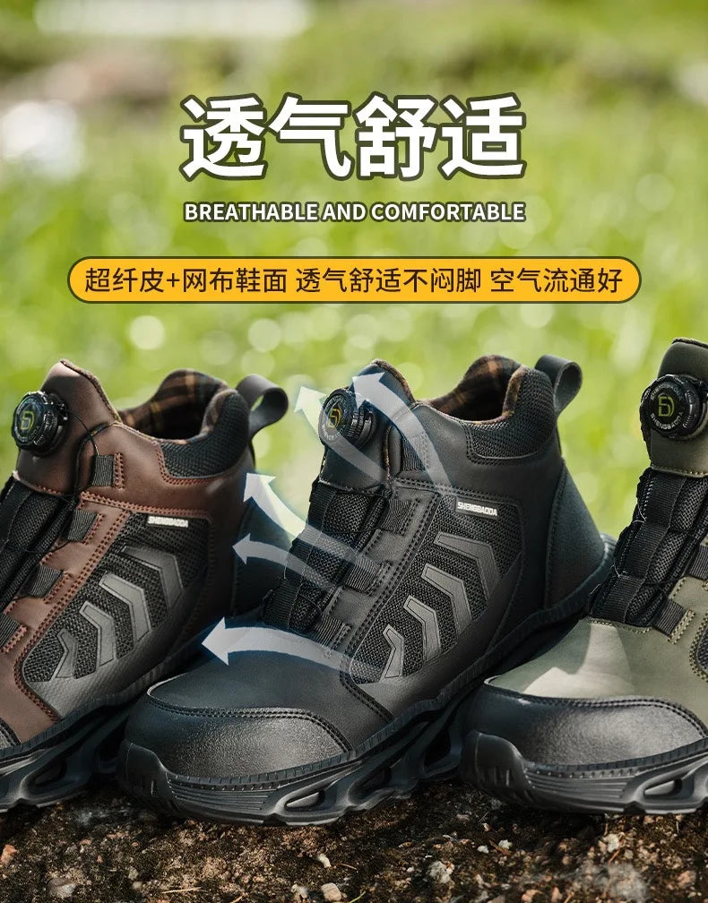 Zapatos de seguridad para hombre, de caña alta, universales para las cuatro estaciones, con hebilla giratoria antideslizante, puntera de acero, antiaplastamiento y antiperforación.