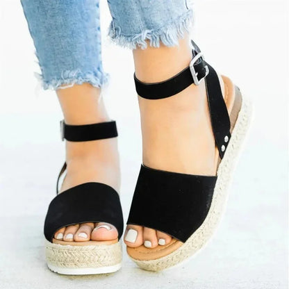 Sandalias de mujer de talla grande, estilo verano 2021, suela gruesa, diseño de hebilla y correa tejida, cómodas cuñas secas de EVA, sandalias romanas