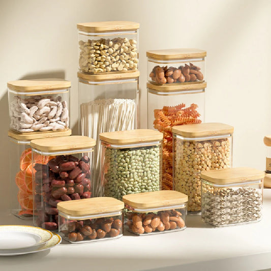 Tarro de plástico cuadrado sellado de 1100 ml para alimentos, con tapa de bambú, para cereales de cocina, transparente, para té y utensilios de cocina.