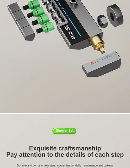 Sistema de ducha con luz ambiental y botones de piano grises, pantalla digital, grifos tipo lluvia y cabezal de ducha.