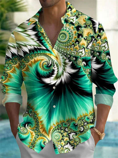 Camisa de lino para hombre, con estampado floral, solapa, estilo urbano, manga larga, moda urbana de diseñador.