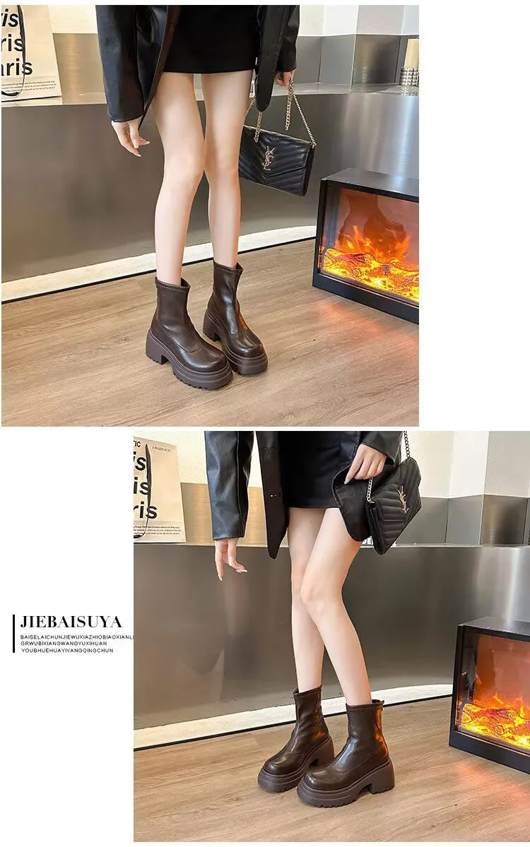 Botines con plataforma para mujer, con aumento de altura, elásticos, adelgazantes, modernos, para otoño e invierno