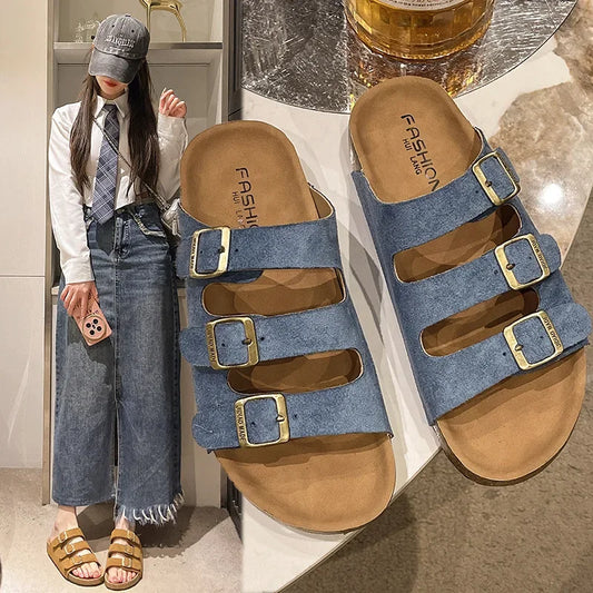 Zapatillas de verano para mujer, para uso en exteriores, de marca moderna, sandalias de playa, de madera suave, para conducir, para parejas, zuecos planos de una sola tira, para adultos, ocio S
